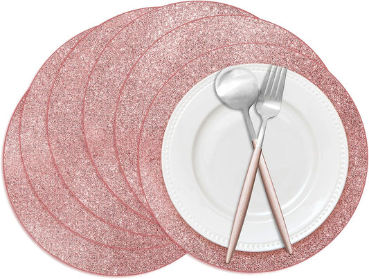 50 Pieces Rose Gold Glitter Paper Place Mats Sparkle 14'' Round Disposable Table Mats Rose Golden Doilies Decorative Placemats for Wedding Banquet Party Home Dining Table Decor
