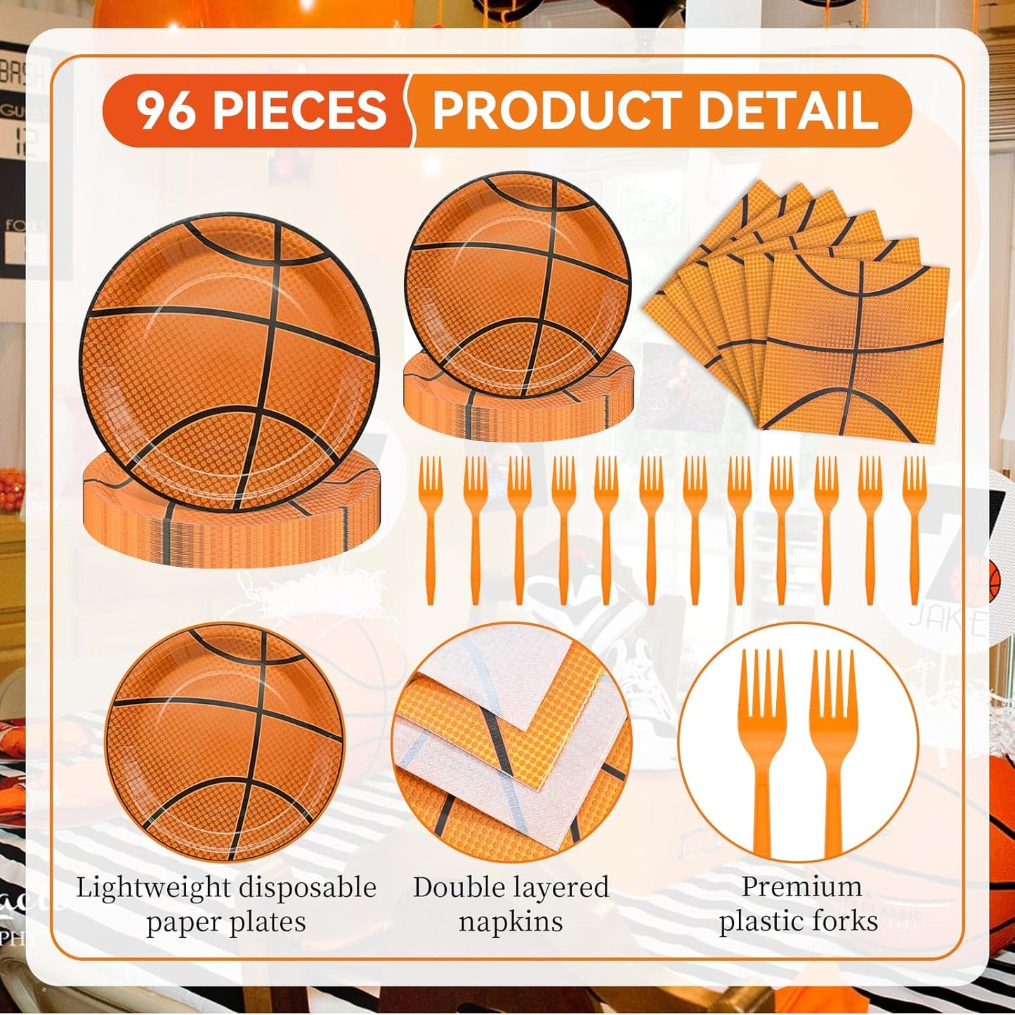 96 Pieces Basketball Themed Tableware Set - Sports Fan Disposable Dinnerware with Paper Plates, Napkins, Forks for Game Day, Team Celebrations, Birthdays Party Supplies for Kids Boys Serves 24 Guests