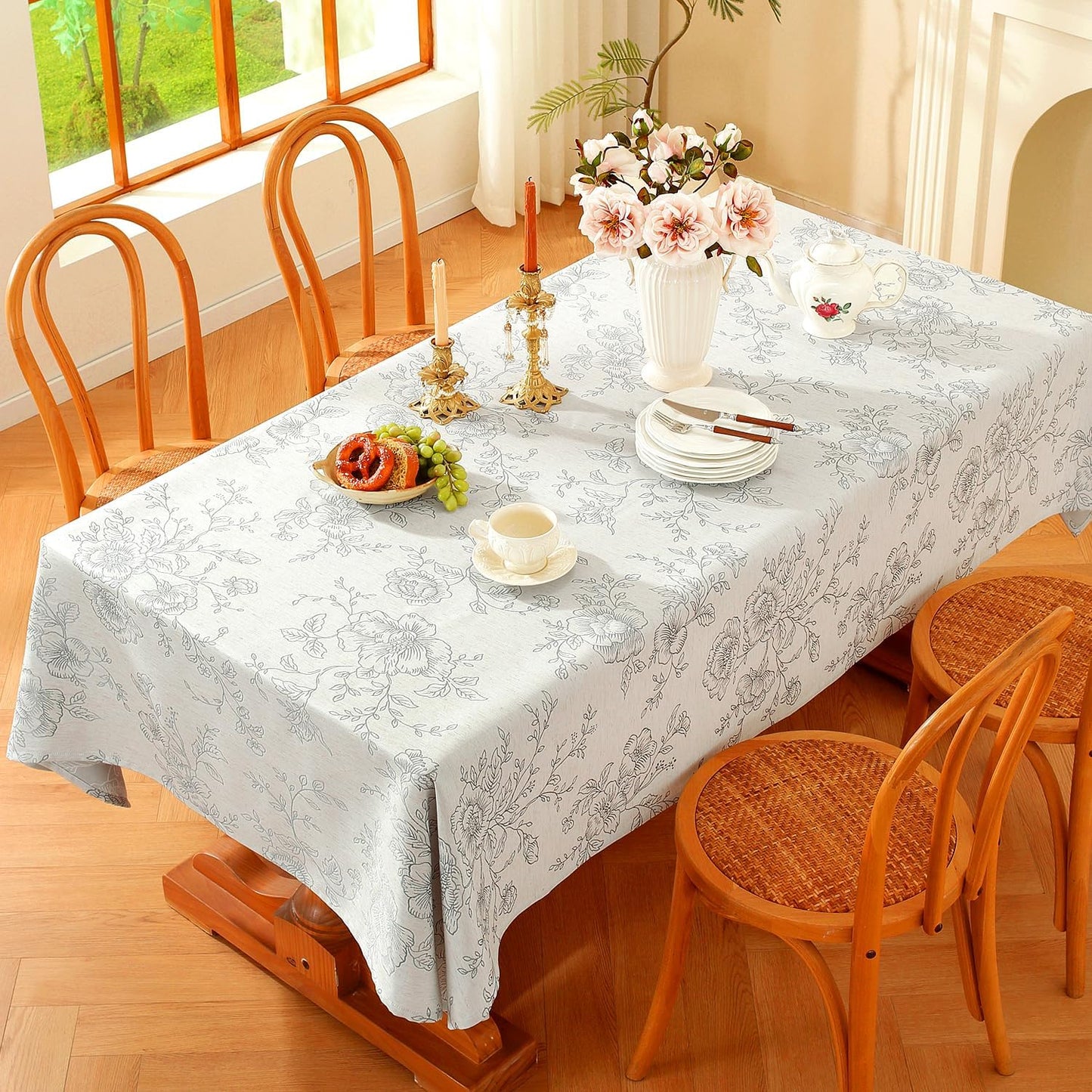 Chassic Premium Vintage Farmhouse Damask Floral 52 x 52 inch Square Table Cloth – Water Resistant Linen Textured Jacquard Tablecloth for Kitchen Dining & Picnic Decor - Grey