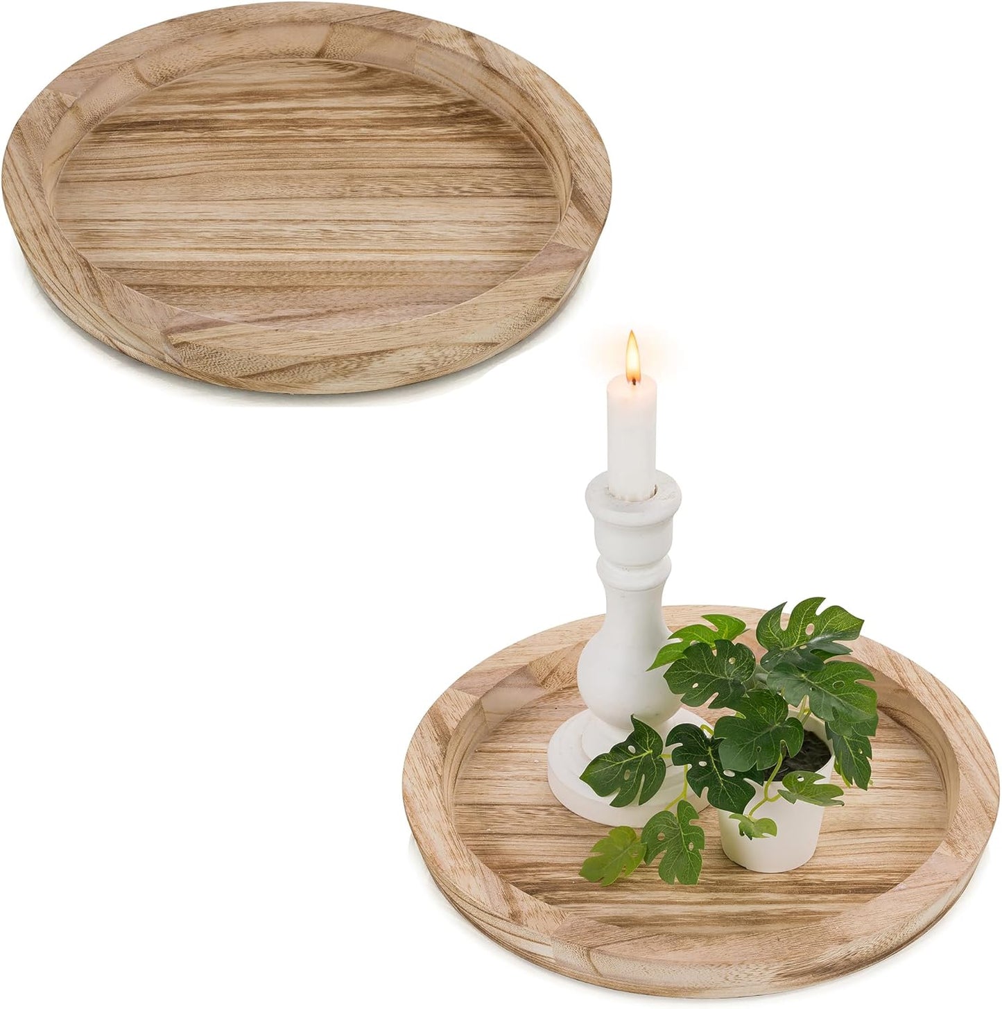Hanobe Rustic Wooden Serving Tray: Round Wood Decorative Tray Set of 2 Rustic Centerpiece Candle Holder Trays Farmhouse Ottoman Tray for Decor Kitchen Counter Home Decor for Coffee Table
