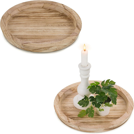 Hanobe Rustic Wooden Serving Tray: Round Wood Decorative Tray Set of 2 Rustic Centerpiece Candle Holder Trays Farmhouse Ottoman Tray for Decor Kitchen Counter Home Decor for Coffee Table