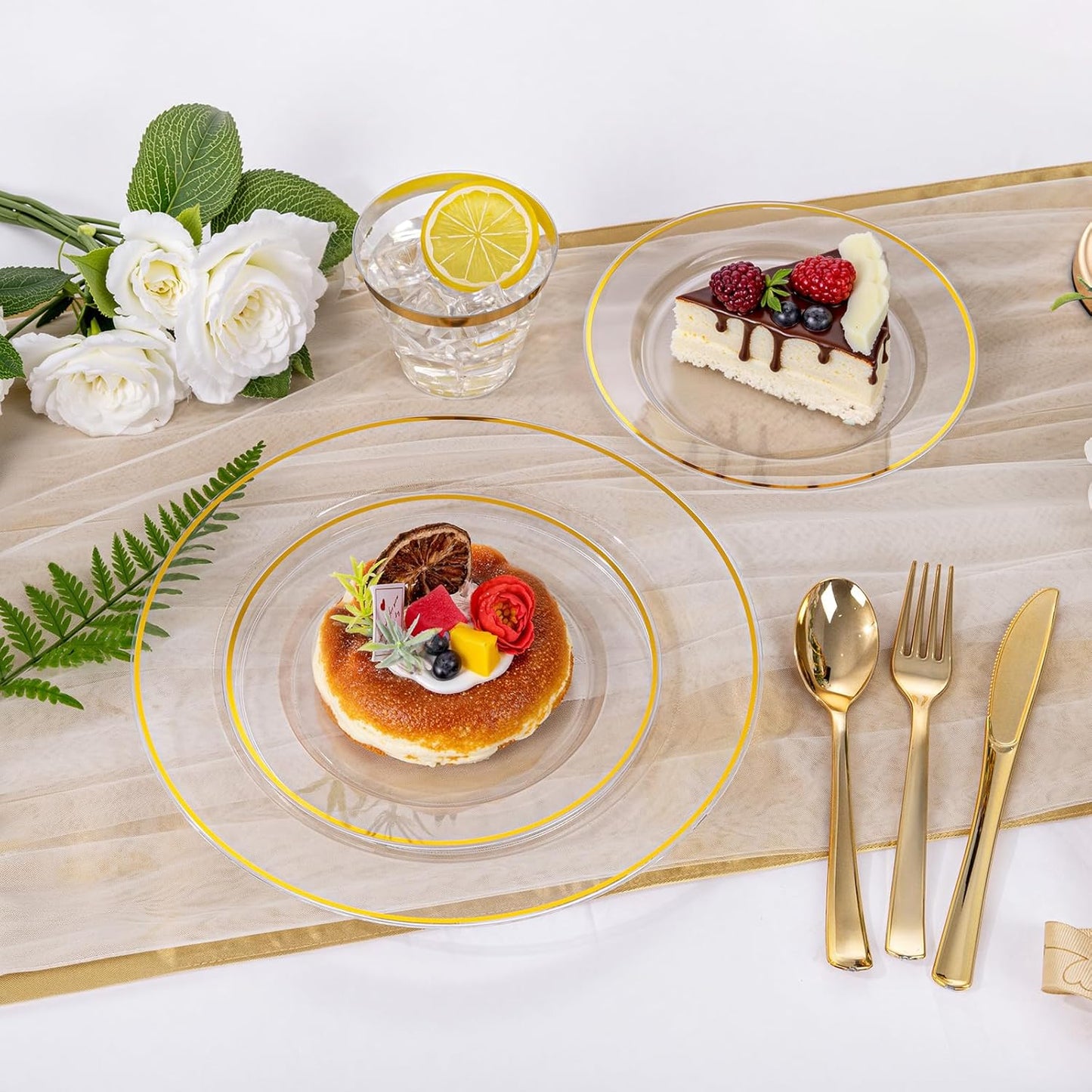 SUT 175 Pcs Gold and Clear Plastic Dinnerware Set for 25 Guests, Include: 25 Dinner Plates, 25 Dessert Plates, 25 Pre Rolled Napkins With Silverware, 25 Cups, Disposable Plates for Party, Wedding