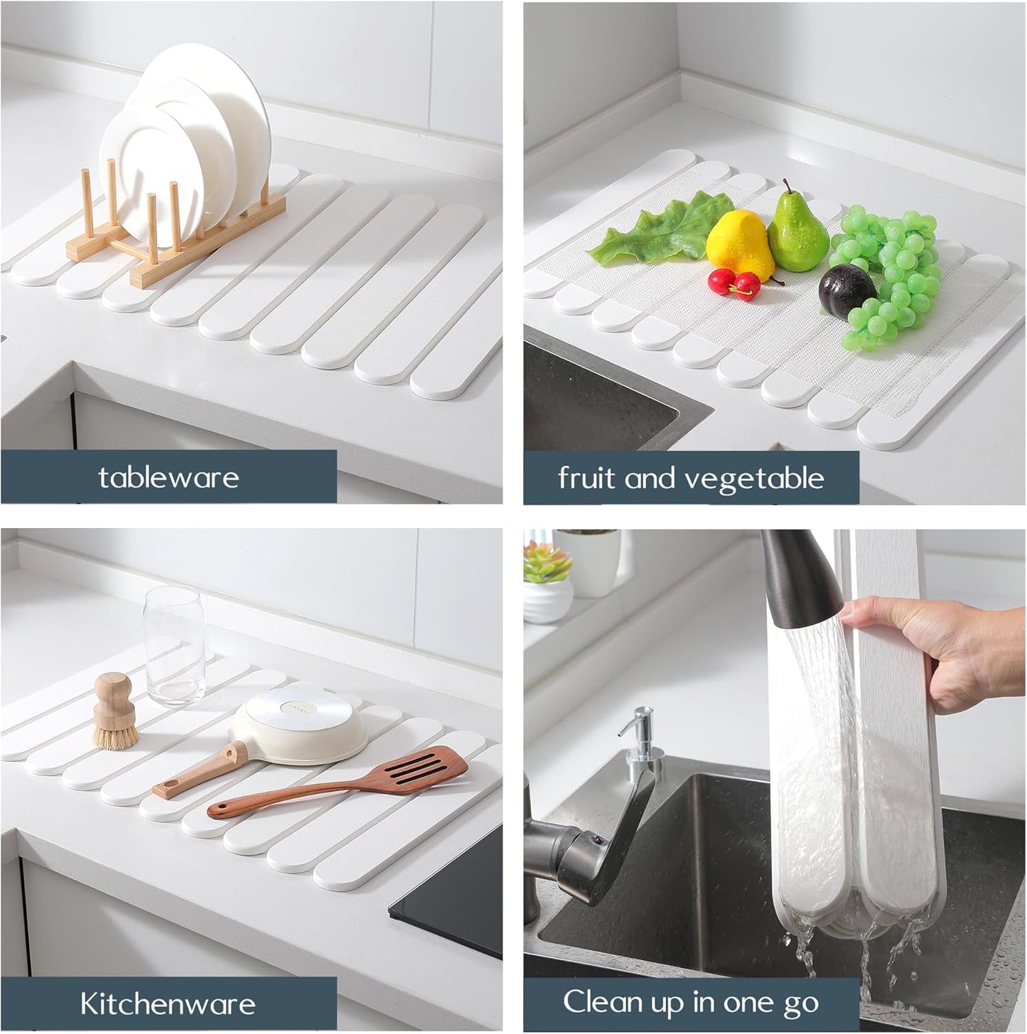 16"×12" White Stone Dish Drying Mats for Kitchen Counter, Large Quick Dry Collapsible Eco-Friendly Super Absorbent Diatomaceous Earth Heat-resistant Mat for Dishes Bottles Cups, Match Any Countertop