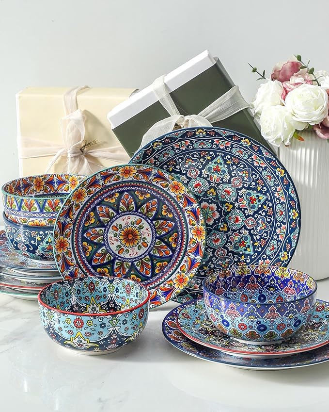 glowworm Bohemian Dinnerware Sets, Ceramic Dishes Set for 4, 12 Pieces Plates and Bowls Set, Oven, Microwave & Dishwasher Safe, Scratch Resistant