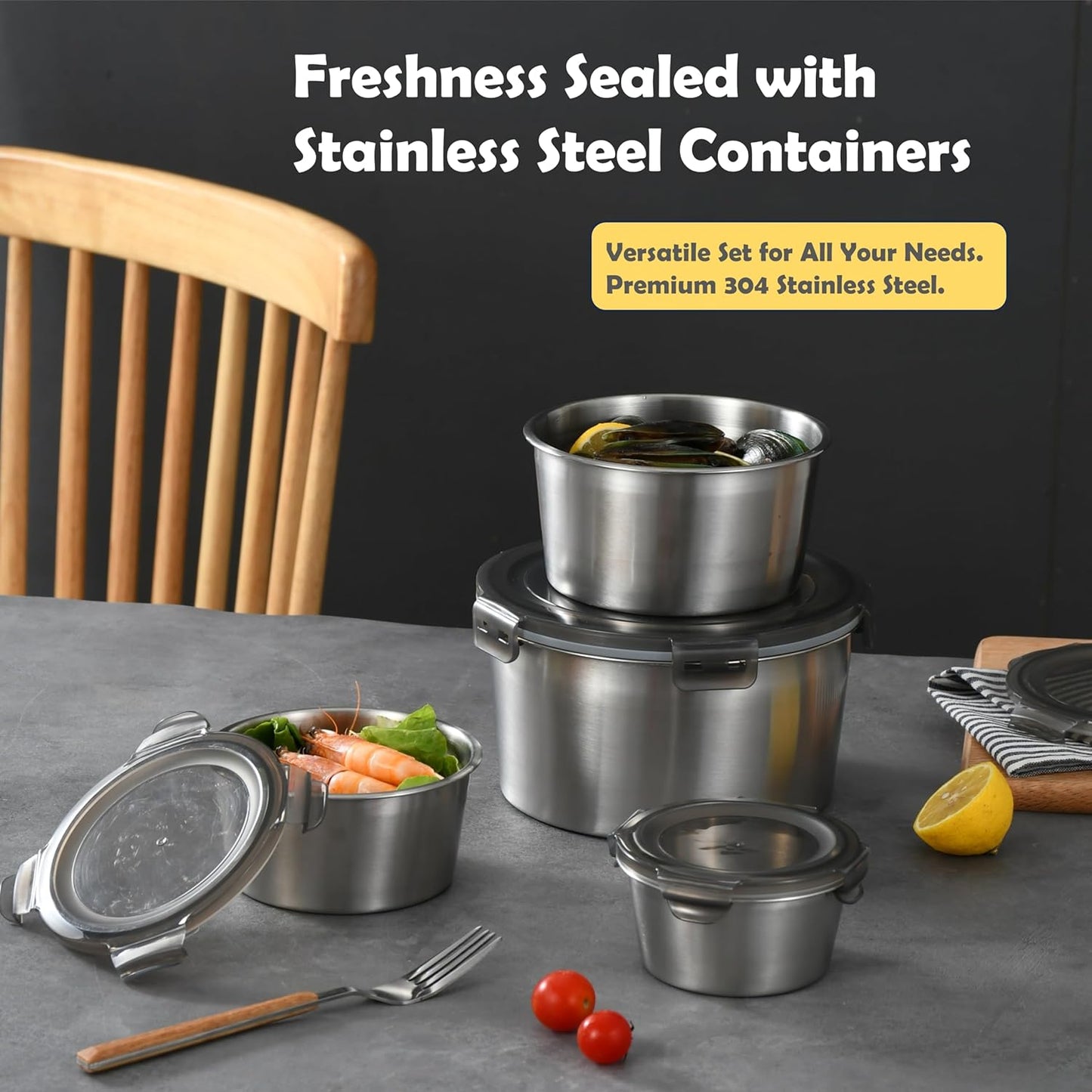 Stainless steel food storage containers leak proof & airtight lids for Kitchen,stainless steel bowl,meal prep lunch box,freezer and microwave safe (5-piece)