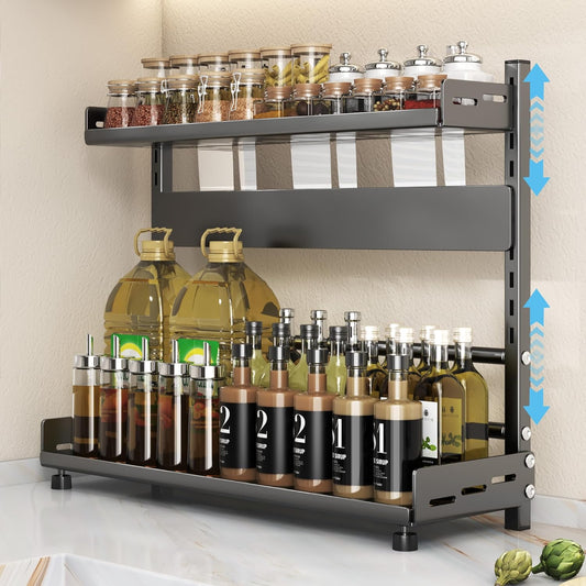Spice Rack Organizer for Countertop, 2-Tier Height-Adjustable Spice Rack Organizer, Metal Standing Kitchen Counter Organizer with Guardrail & Knife Block for Kitchen Cabinet