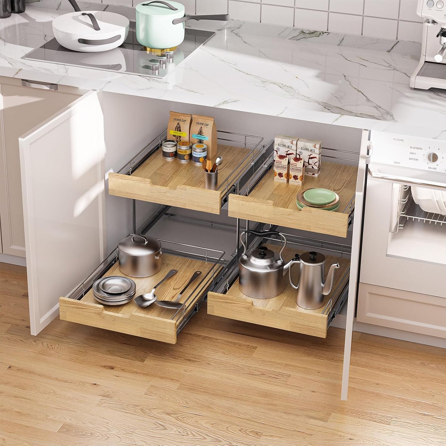 Pull Out Cabinet Organizer,Heavy-Duty Slide Out Shelf, Wood and Wire Basket, Pull Out Drawer for for Kitchen Under Sink Space, Pantry, Bathroom, 2 Tie 11 * 21 in