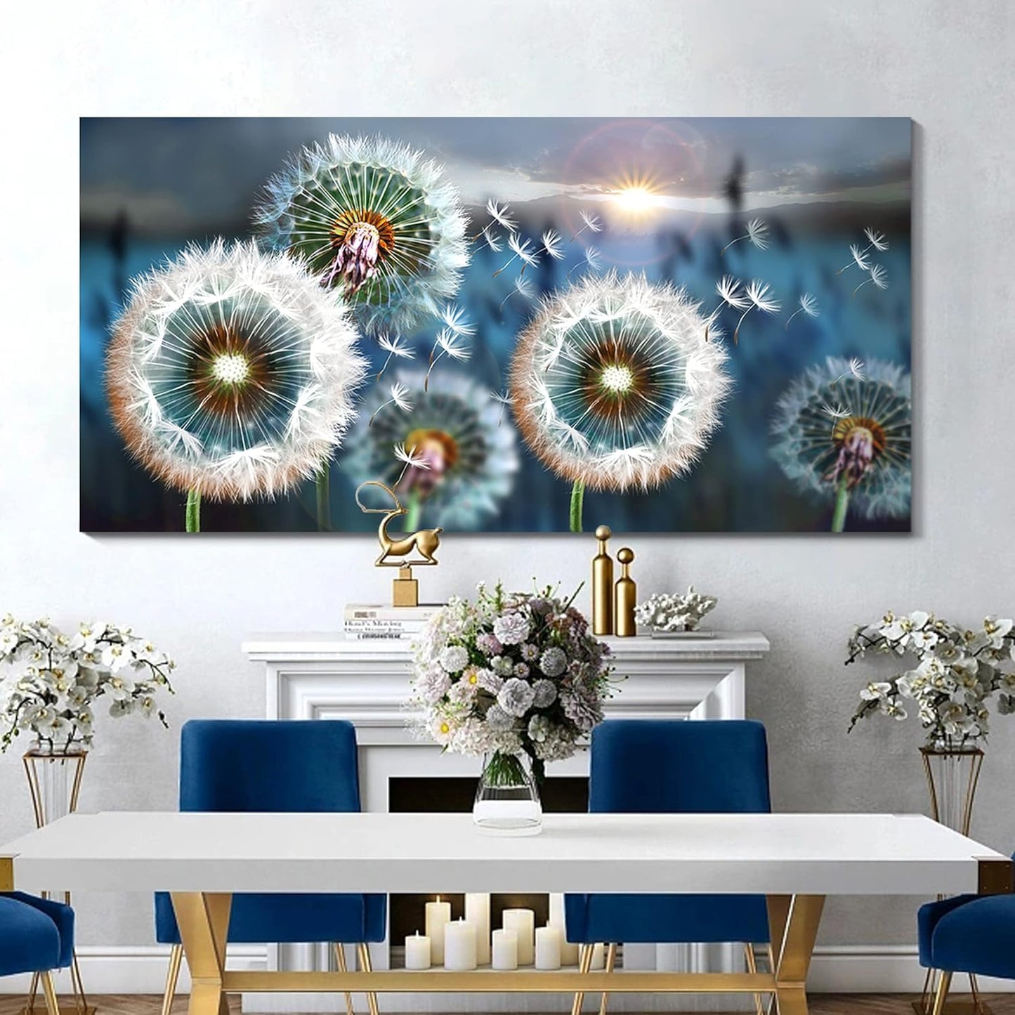Large Wall Art Dandelion Canvas Art Wall Decor for Living Room White Dandelion Sun Blue Landscape Prints Artwork Modern Framed Wall Art for Bedroom Office Home Decorations Pictures for Bedroom Wall Decor Size 29x58