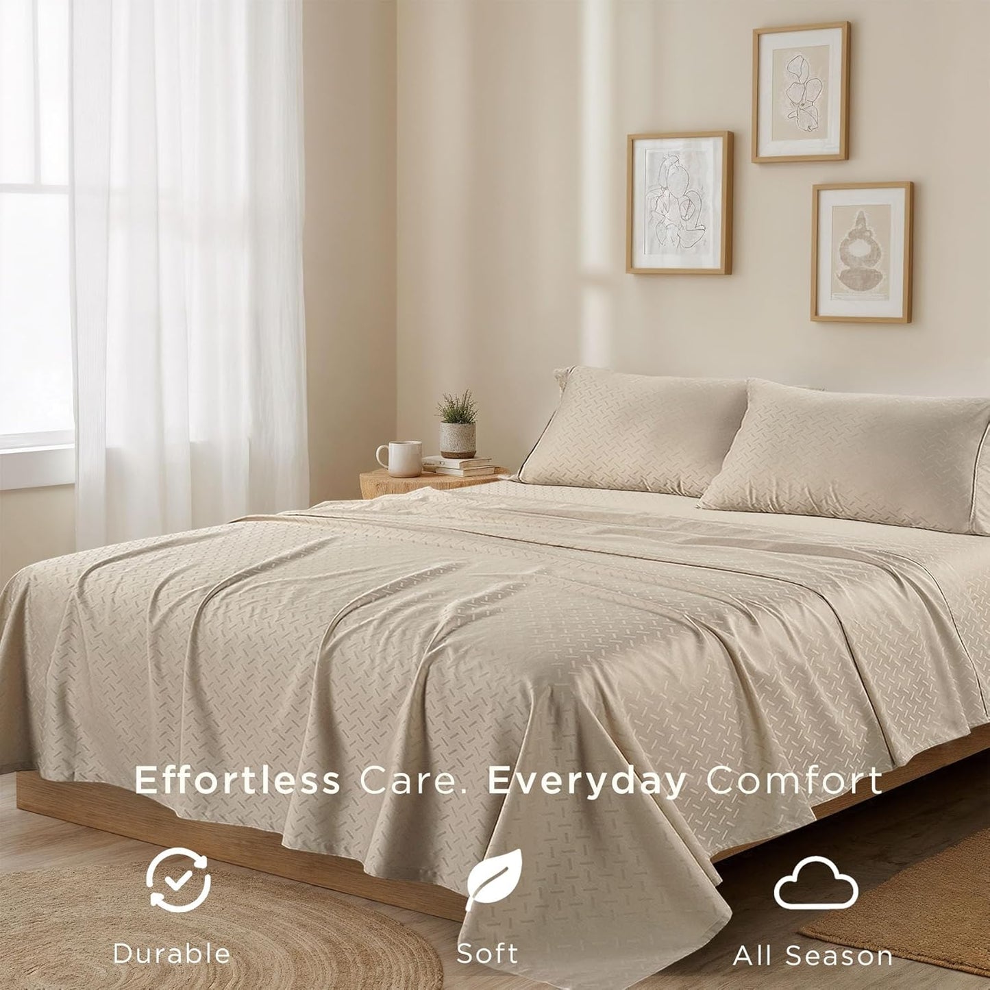 300 Thread Count Jacquard Astra Light Beige Queen Sheet Set - 100% Cotton Breathable Silky Soft Damask Sheets - 4 Pc Bed Sheet Set Elasticized Deep Pockets - Wrinkle Free Bedding Sheets by Threadmill