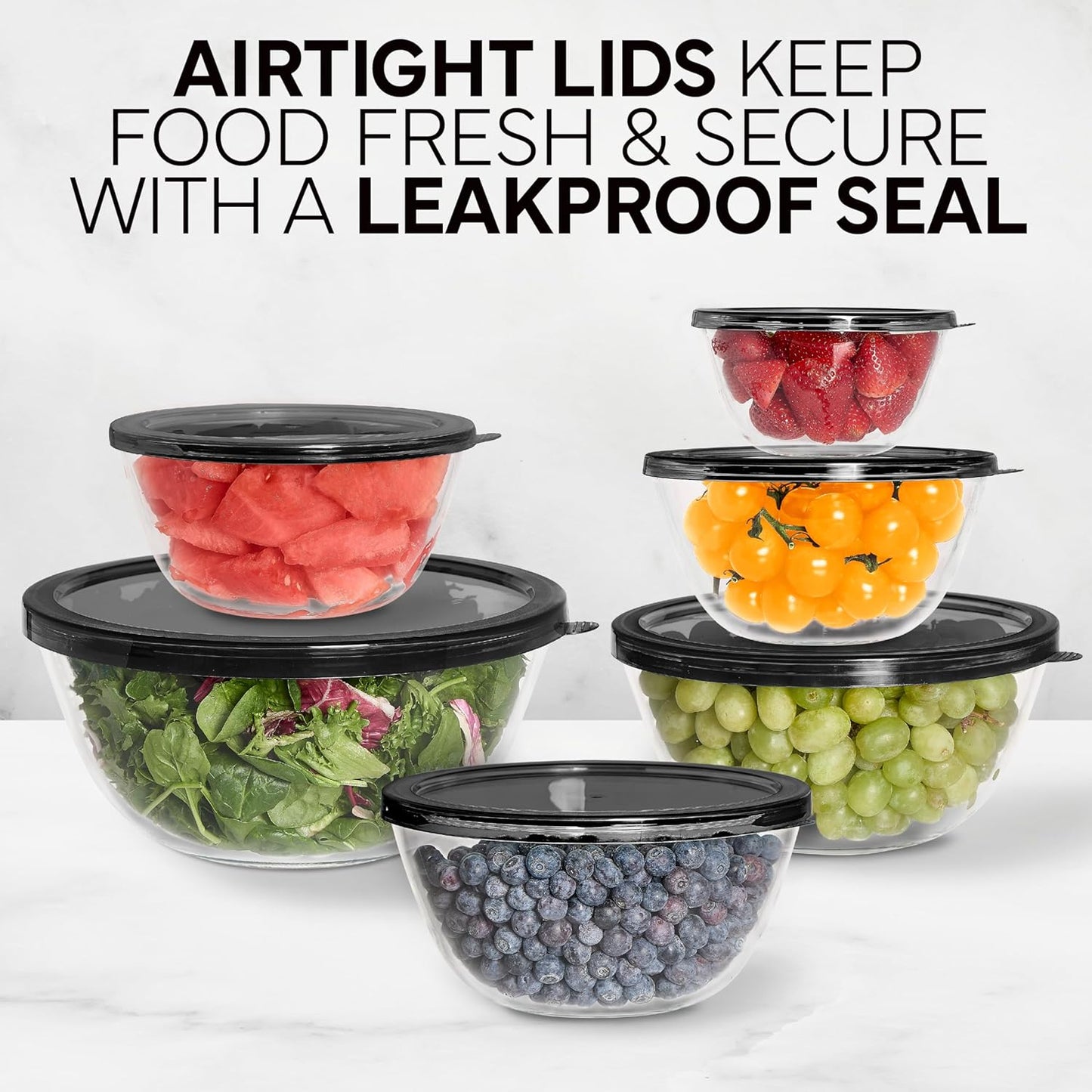 COOK WITH COLOR 12 Pc Glass Mixing Bowl Set with Lids – Borosilicate Glass Nesting Bowls for Cooking, Baking and Meal Prep, Black