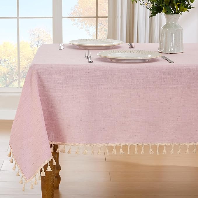 JIALE Textured Tablecloth, Heavy Duty Linen Style Farmhouse Table Cloth Rectangle Tables, Wrinkle-Free Washable Waterproof Table Cover for Kitchen, Dining, Parties, 55"x55", Pink