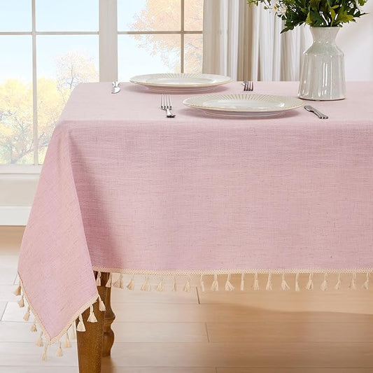 JIALE Textured Tablecloth, Heavy Duty Linen Style Farmhouse Table Cloth Rectangle Tables, Wrinkle-Free Washable Waterproof Table Cover for Kitchen, Dining, Parties, 55"x90", Pink