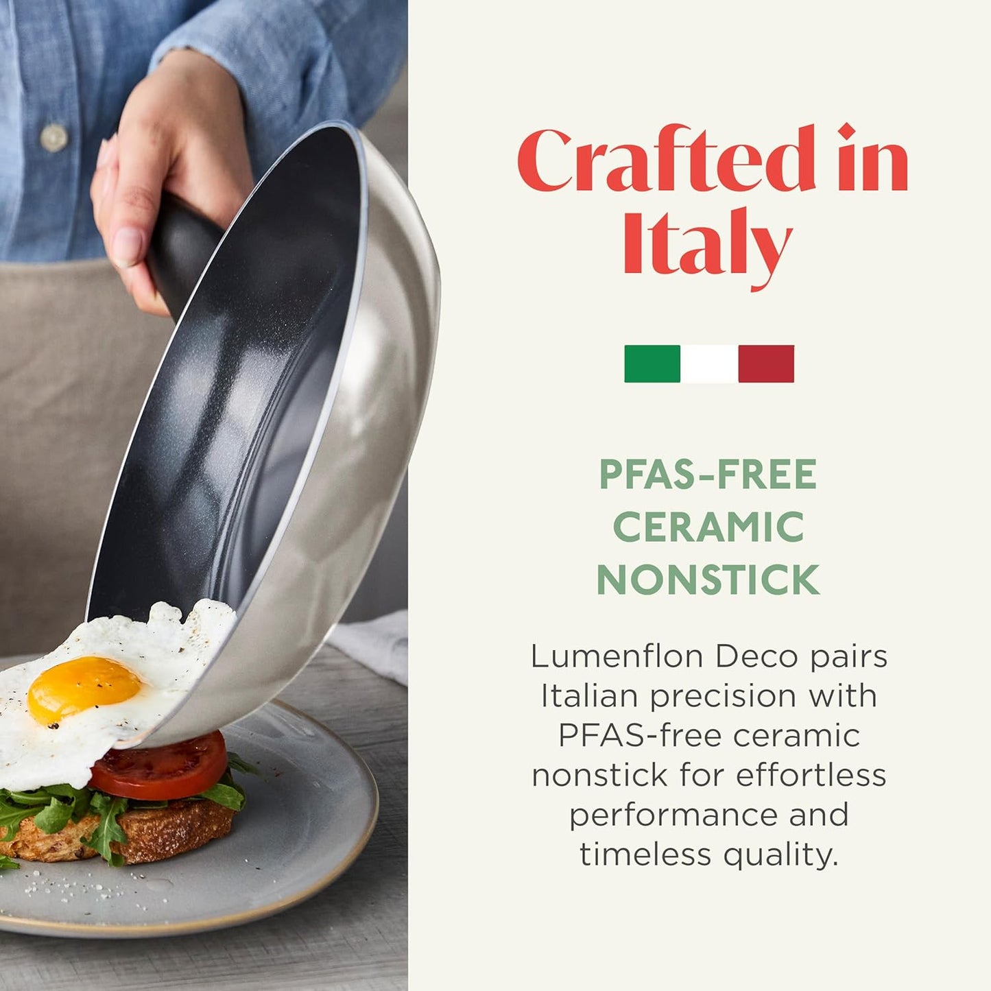 Deco 9.5” Nonstick Frying Pan Skillet, Made in Italy, Diamond Ceramic PFAS-Free, Dishwasher & Metal Utensil Safe, Durable Gloss Enamel Finish, Stay-Cool Handle, High Walls-Extra Room, Taupe