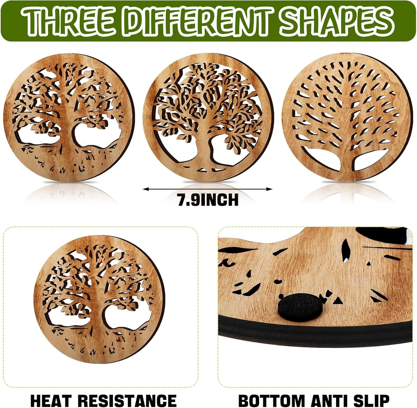 3 Pcs Life Tree Wooden Trivets for Hot Dishes 8 Rustic Round Tree Trivet Set Hot Plate Holders Heat Resistant Polite Trees Coasters for Table Dishes Pots and Pans(Light Wood Color)