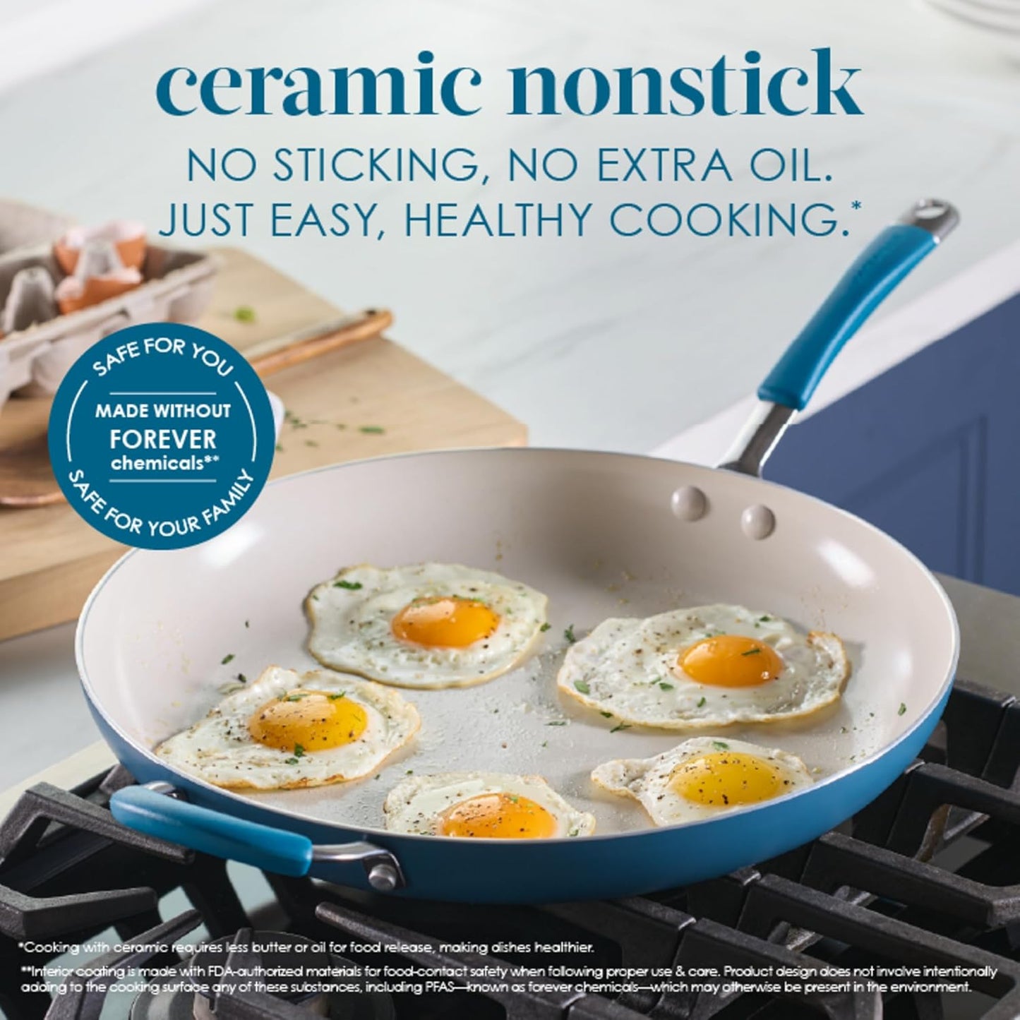 Rachael Ray Cucina Ceramic Nonstick Frying Pan/Skillet, Dishwasher Safe, 14 Inch Open Fry Pan - Marine Blue