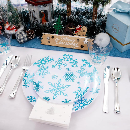 WDF 175Pcs Christmas Plates and Napkins Disposable Dinnerware Set for 25 Guests, White Blue Plates with Silverware, White Snowflake Cups and Festive Holiday Napkins Perfect for Christmas Winter