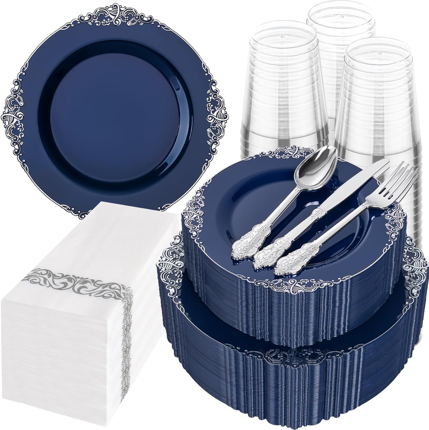 Hioasis 350pcs Blue and Silver Plastic Plates - Elegant Disposable Dinnerware Set Suitable for 50 Guests Include 10.25" Dinner & 7.5" Dessert Plates, Cutlery, Napkins, Cups for Party