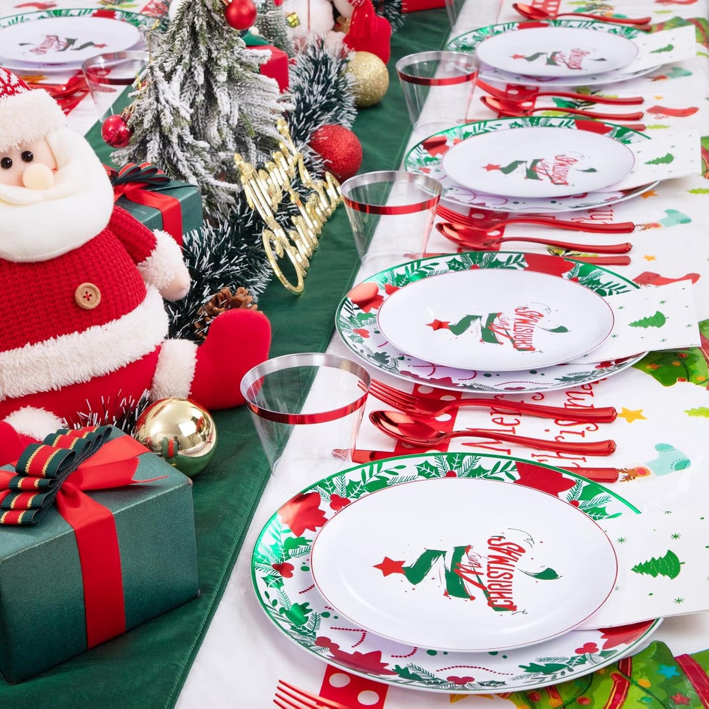 GATHER 176 Pieces of Christmas Plates - Disposable Plastic Dinnerware Set - Christmas Tree Includes 50 Plates 75 Plastic Silver Cutlery 25 Cups 25 Napkins and Tablecloths