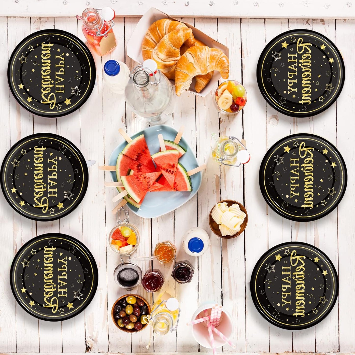 48 Pcs Retirement Paper Plates Happy Retirement Party Supplies Disposable Dessert Plates Decorations Black and Gold Plates Tableware for Men Women