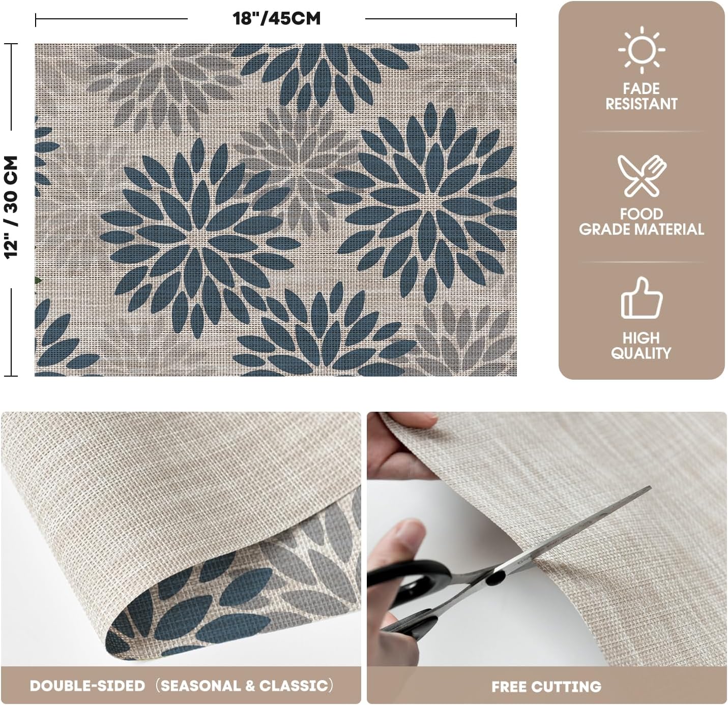 Artoid Mode Floral Vinyl Placemats Set of 4, Heat Resistant Washable Non-Slip Plastic PVC Place Mats for Party Kitchen Dining Decor, Blue Grey