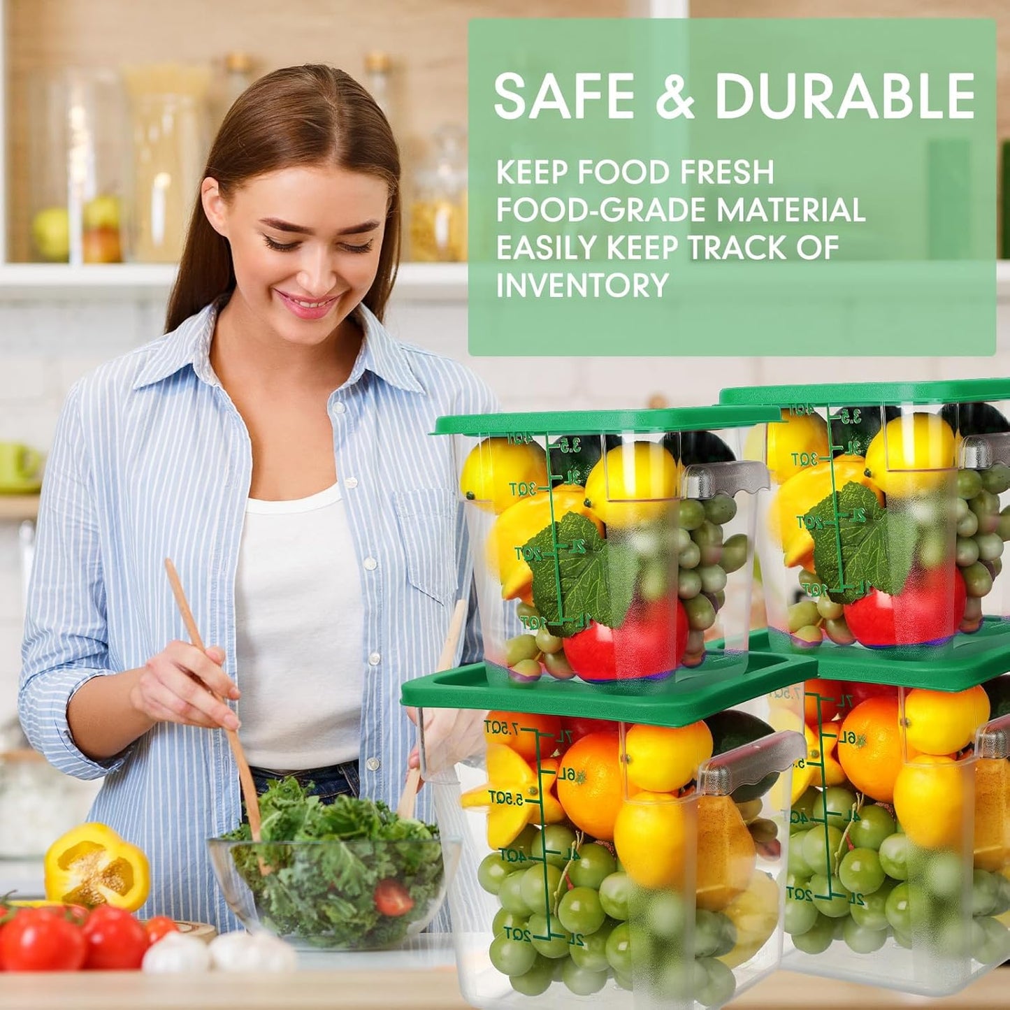 Lallisa 4 Pcs 8 Qt and 4 Qt Clear Food Storage Containers with Lids, Handles and Scales, Commercial Grade Square Containers Polycarbonate Air Tight for Home Storage Kitchen Restaurant(Green)