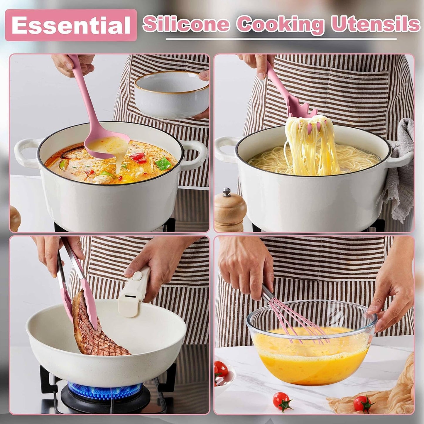 LIANYU 14 Pcs Kitchen Utensils Set, Silicone Cooking Utensils Spatula Set with Holder, Heat Resistant Cookware Tools Includes Spoon Turner Whisk Tong, Dishwasher Safe, Pink