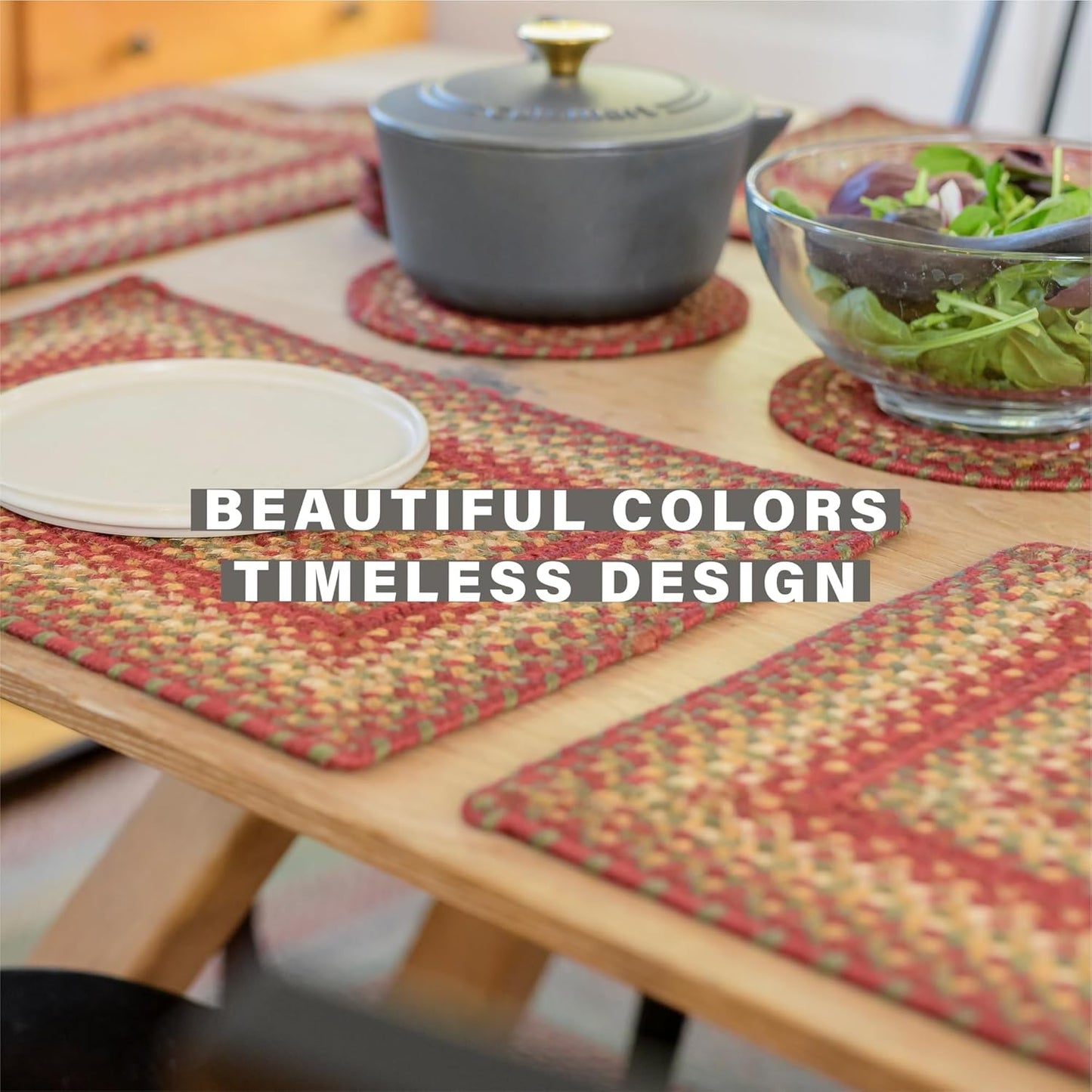 Homespice Cider Barn Jute Braided Trivets for Table, Warm Country Rustic Decor, Set of 3, Red 8" Round Heat Resistant Mats - Rich Colors, Easy to Clean, Durable and Protects Furniture