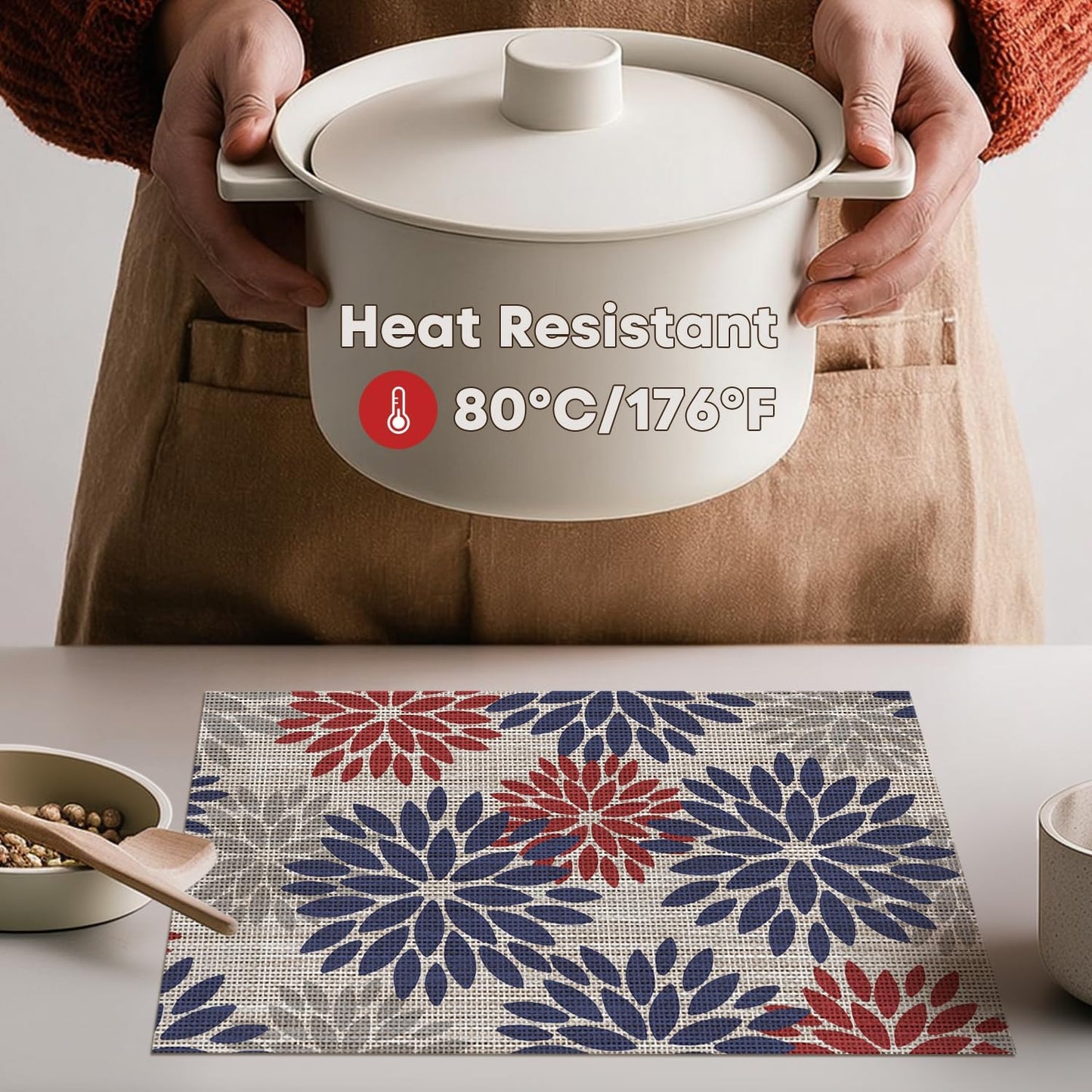 Artoid Mode Floral Vinyl Plastic Placemats Set of 4, 12x18 Inch 4th of July Patriotic Memorial Day Washable Non-Slip PVC Place Mats for Party Kitchen Dining Decor, Red Blue