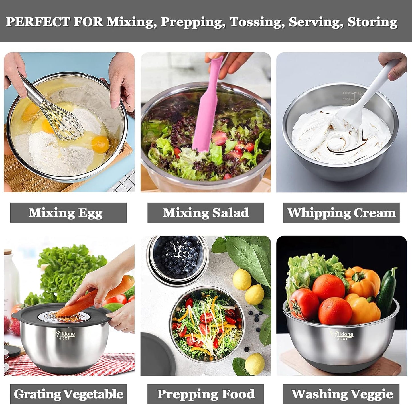Wildone Mixing Bowls with Airtight Lids, 22 PCS Stainless Steel Mixing Bowls Set, 3 Grater Attachments, Measurement Marks & Non-Slip Bottom, Size 5, 4, 3, 2,1.5, 0.63QT, Ideal for Mixing & Prepping