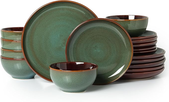 Stoneware Dinnerware Sets for 6, Microwave Safe Plate and Bowl Set, Easy to Clean & Durable Dishes Sets for Small to Medium Families, Sage Green