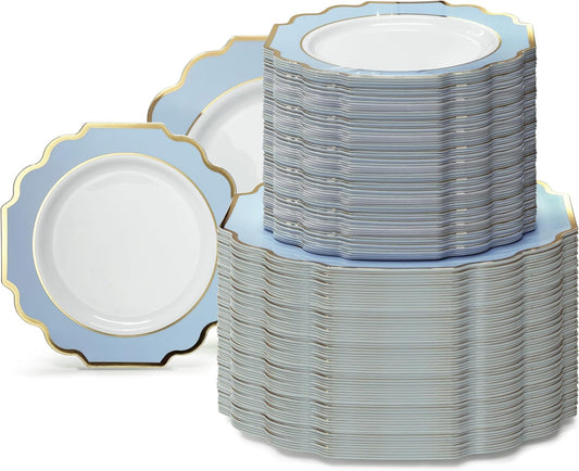 " OCCASIONS " 240 Plates Pack (120 Guests) Heavyweight Wedding Party Disposable Plastic Plates Set -120 x 10.5'' Dinner + 120 x 8'' Salad/Dessert Plate (Imperial in White/Blue & Gold)