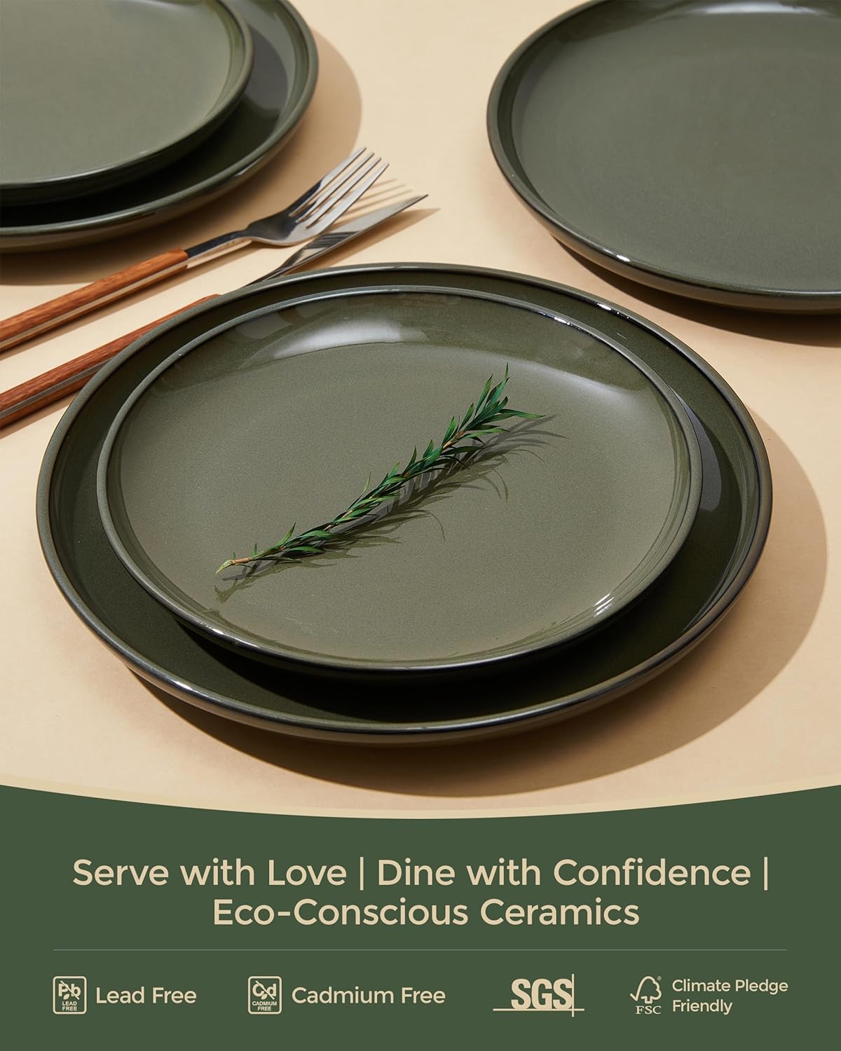 18 Piece Dinnerware Set for 6, Reactive Glaze Terracotta Plates and Bowls Set, Large Family-Sized Stoneware Dish Set for Gatherings, Chip and Scratch Resistant, Blackish Green