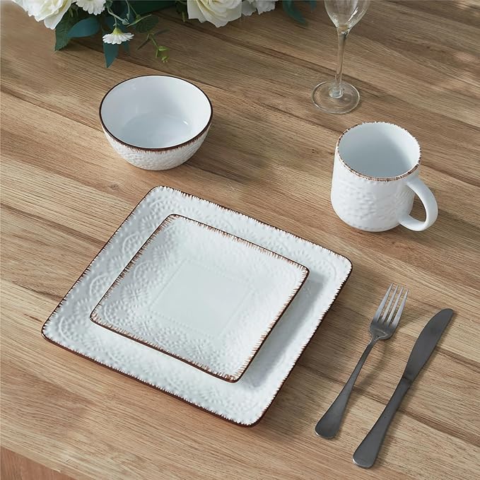 ONEMORE Ceramic Dinnerware Set, 16PCS Square Plates, Bowls & Cups Set - Scratch Resistant, Dishwasher Safe Kitchen Dishes, Ceramy White