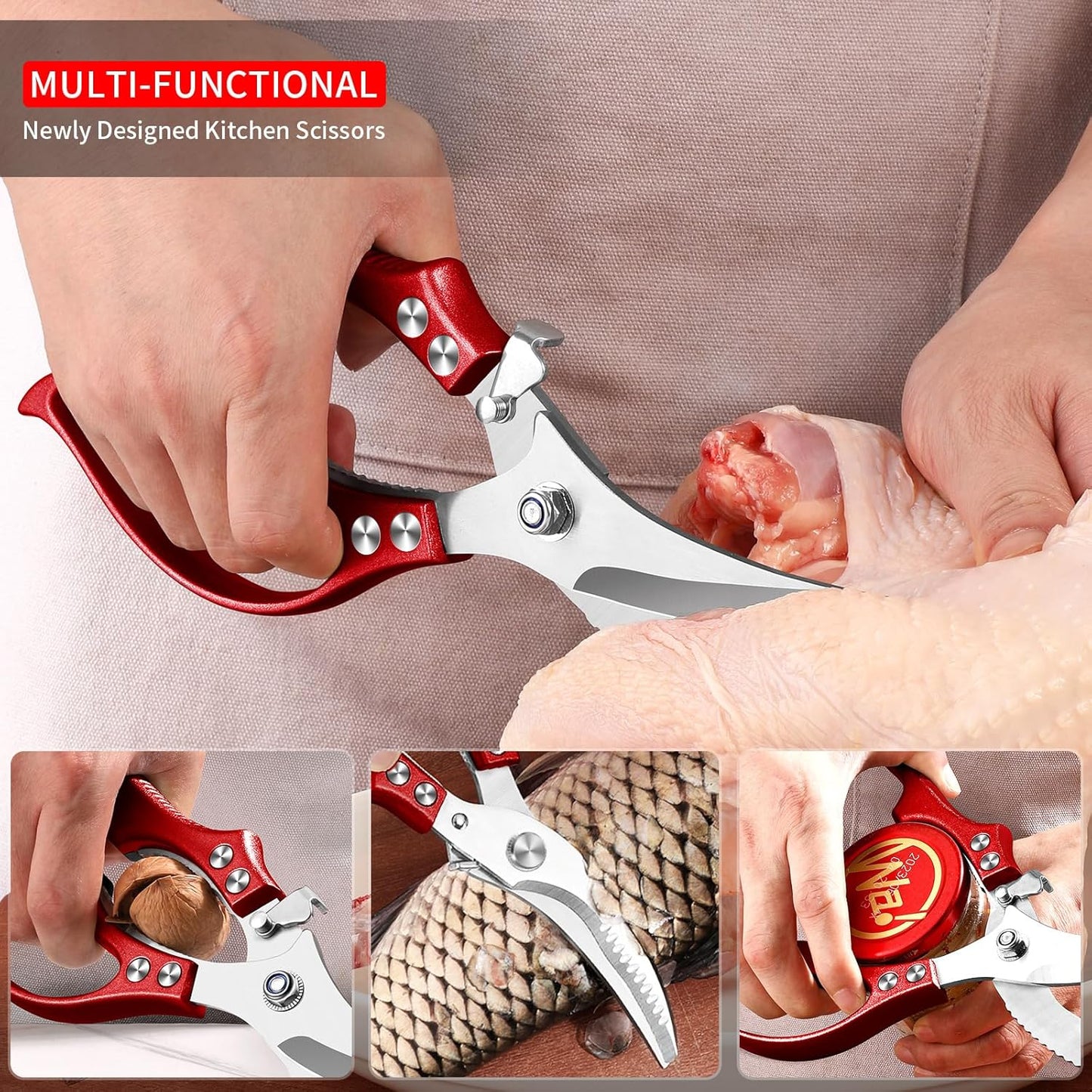 MAD SHARK Professional Heavy Duty Poultry Shears - Kitchen Shears for Spatchcocking Chicken and Meat Cutting, Multi-Purpose Kitchen Scissors for Food, Spring-loaded (Red)