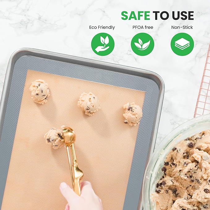 Nutrichef Silicone Baking Mats - 2 Non-stick Food-Grade Reusable Silicone Mats - Perfect for Half Baking Pans 16.5 x 11.6 IN - Oven-Safe Up to 480 Degrees F - Safe for Ovens & Dishwashers - Grey