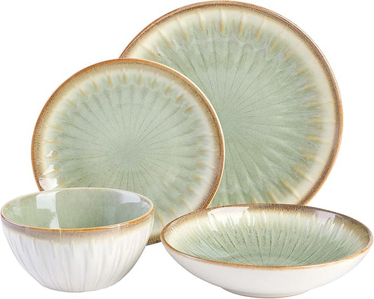 Gibson Elite Mayfair Bay 16-Piece Embossed Double Bowl Dinnerware Set, Service for 4 – Green Stoneware Plates and Bowls