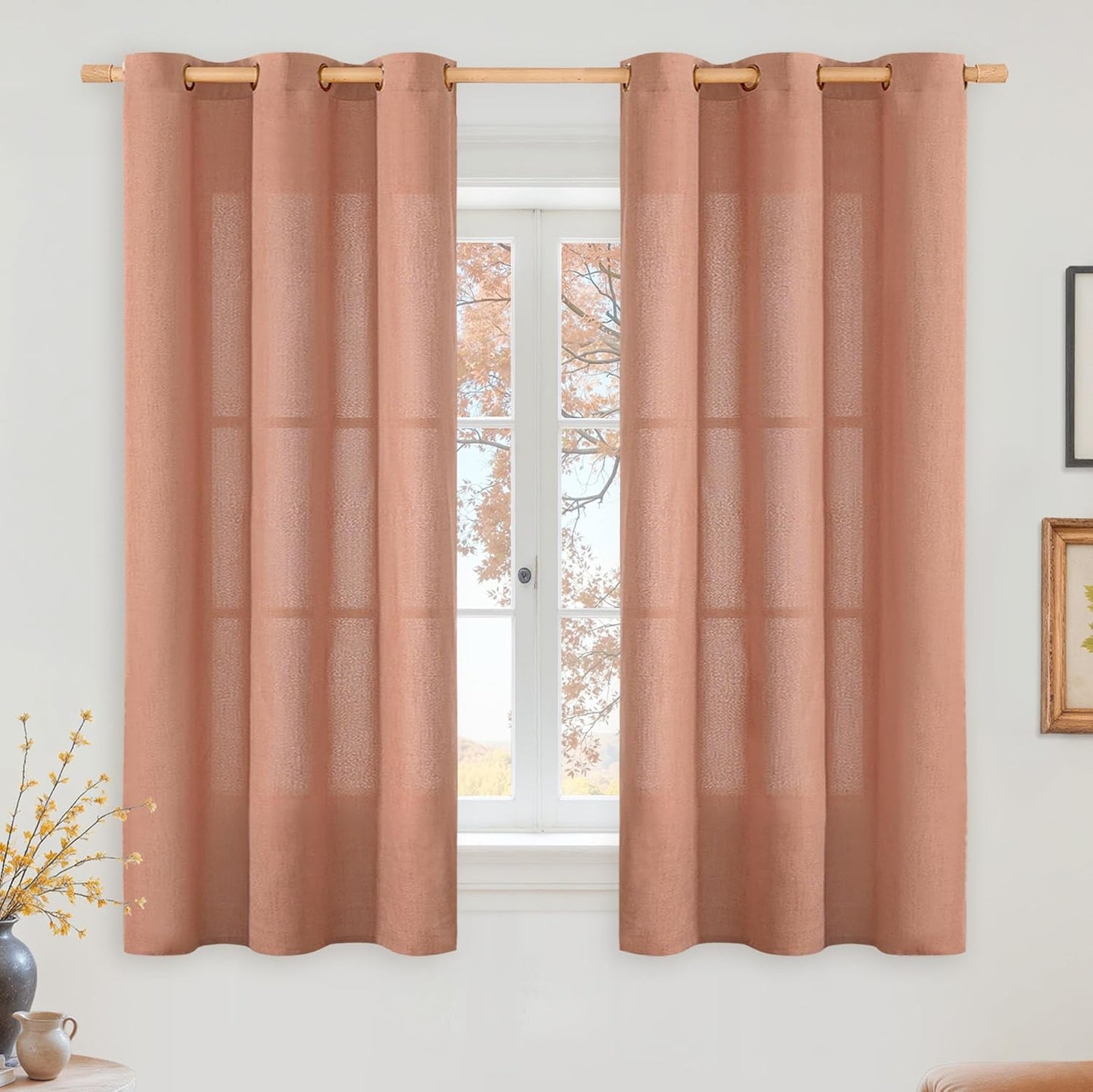 YoungsTex Terracotta Linen Curtains 54 Inch Length for Living Room, Short Light Filtering Semi Sheer Window Drapes with Bronze Grommet Privacy for Bedroom Farmhouse Decorative, 42 x 54 Inch, 2 Panels