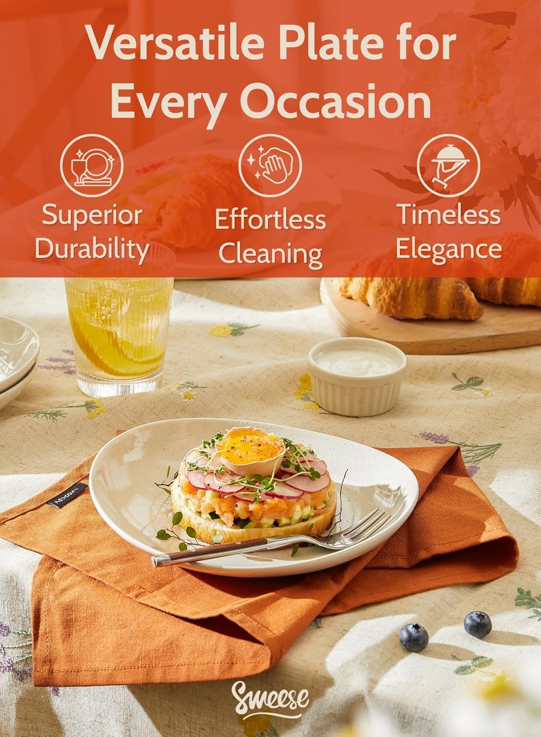 Sweese 7.8" Porcelain Dessert Plates Set, Grey, Set of 6 - Scratch Resistant, Dishwasher Microwave Safe