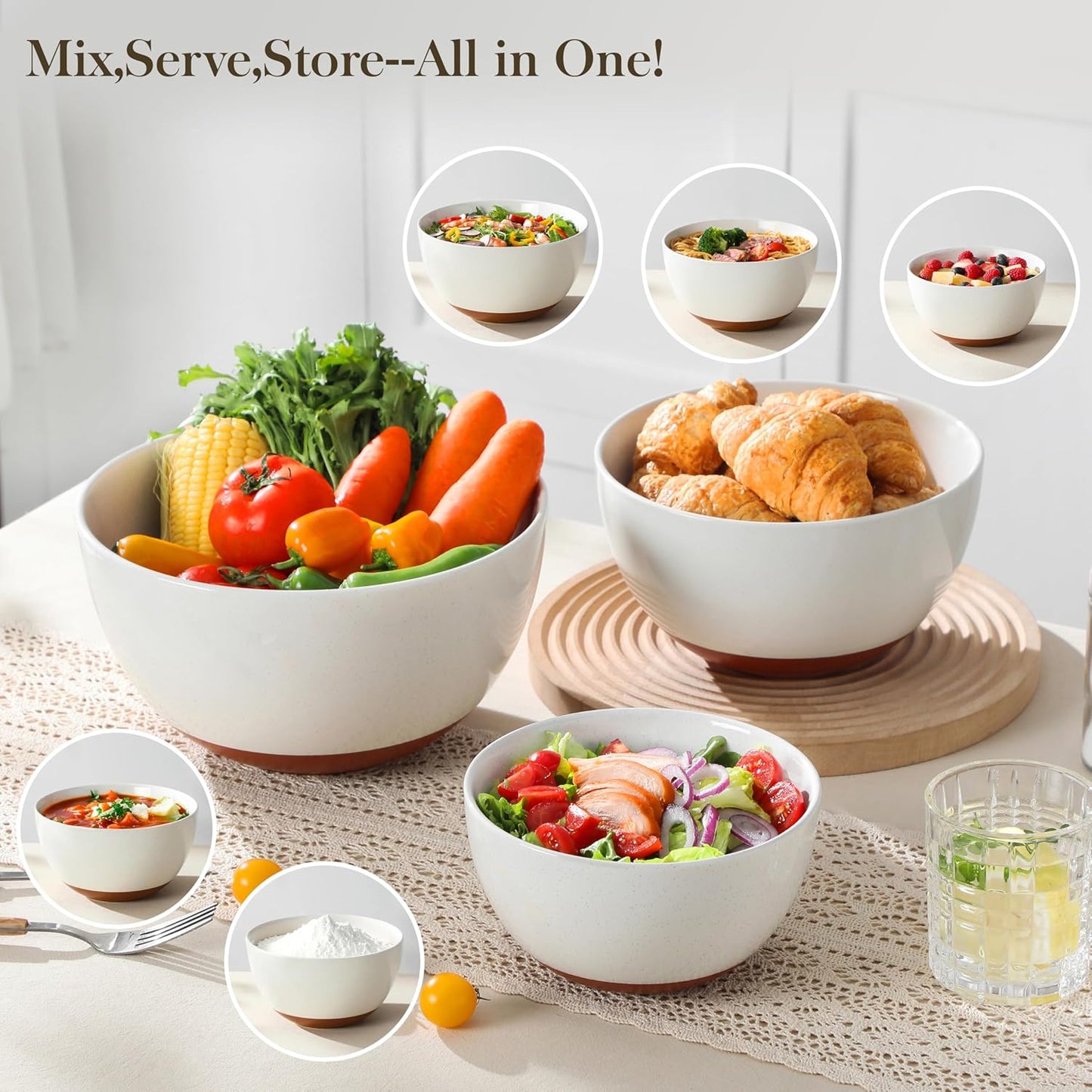 MALACASA Ceramic Mixing Bowls, Large Serving Bowls for Mixing, Cooking, Prepping, Baking, Salad, Soup, Pasta, Nesting Bowls Set of 3, 46/80/140 Oz, Oven, Microwave and Dishwasher Safe, Series TARA