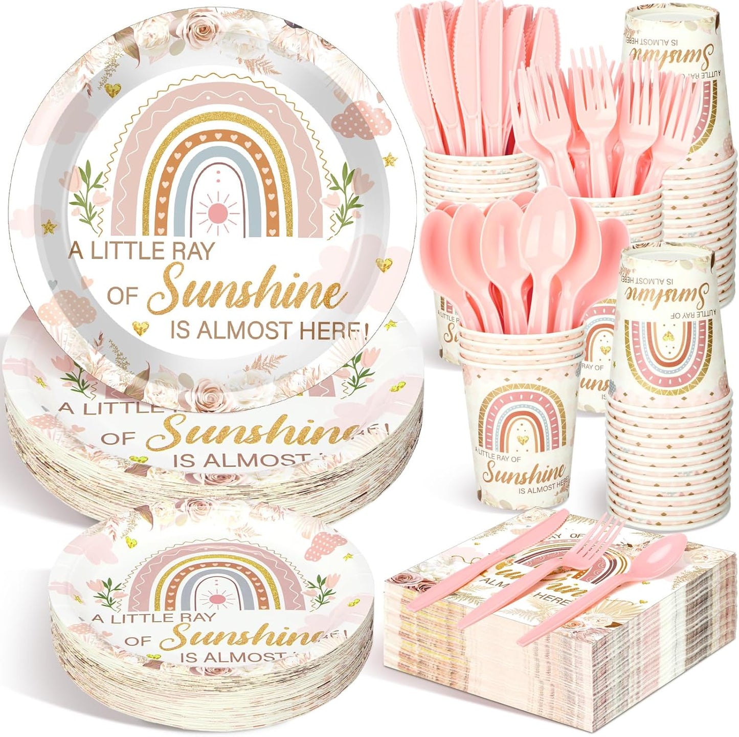 Dandat 350 Pcs Baby Shower Plates Set Baby Shower Party Supplies Serves 50 Tableware Sets Include Plates Napkin Cup Forks Knives Spoons Disposable Dinnerware(Boho Rainbow,Pink)