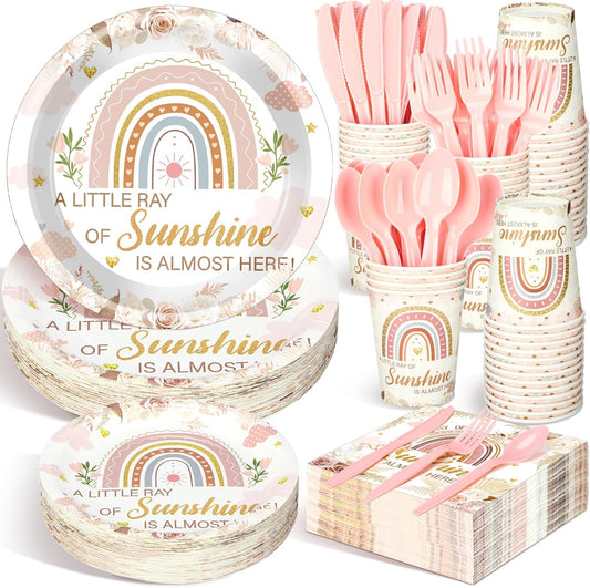 Dandat 350 Pcs Baby Shower Plates Set Baby Shower Party Supplies Serves 50 Tableware Sets Include Plates Napkin Cup Forks Knives Spoons Disposable Dinnerware(Boho Rainbow,Pink)