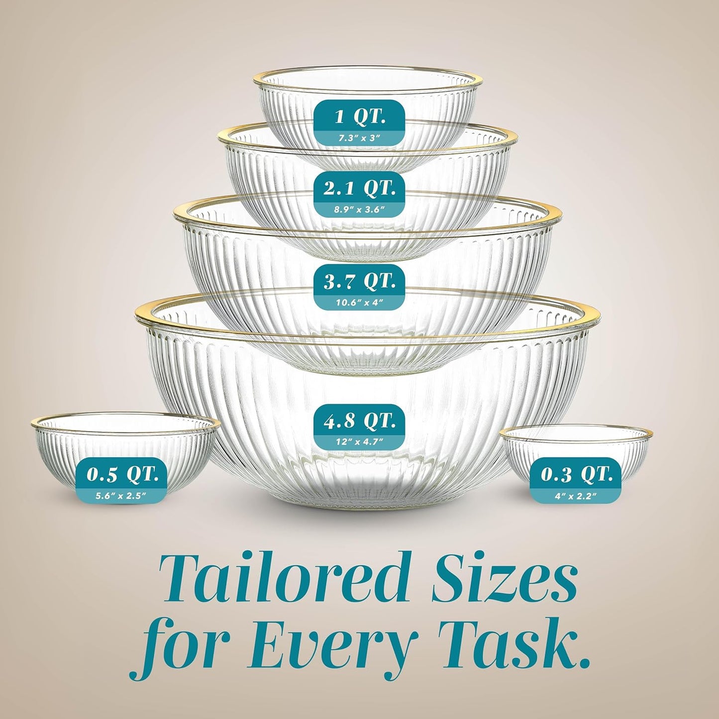 COOK WITH COLOR 12 Pc Glass Mixing Bowl Set with Lids – Borosilicate Glass Nesting Bowls for Cooking, Baking and Meal Prep, Fluted with Gold Rim