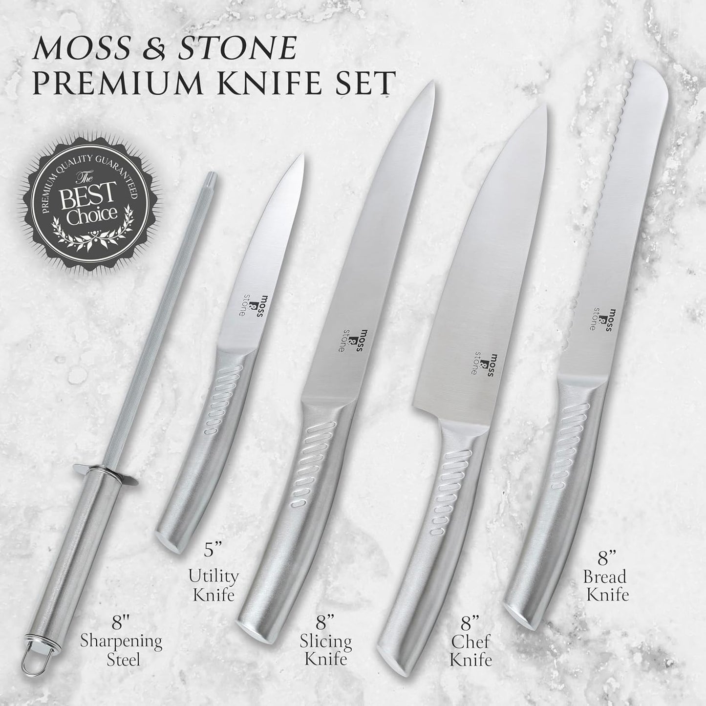 Moss & Stone Professional Kitchen Knife Chef Set, 6 Pcs Small Knife Set With Block, Premium Kitchen Knife Set Stainless Steel, Scratch Resistant & Rust Proof, Knife Block With Sharp Cooking Knives.