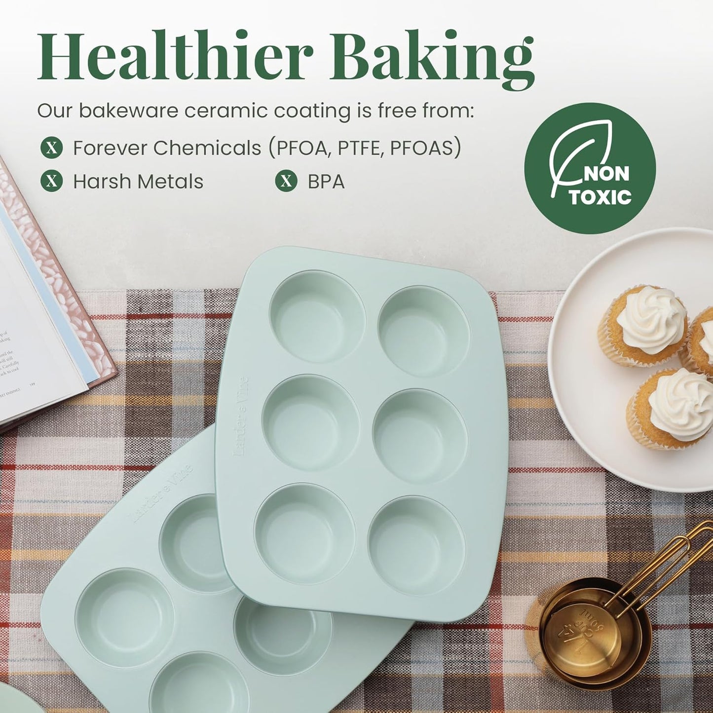 Larder & Vine 8-Piece Bakeware Set | Non-Stick Baking Set with Ceramic Finish | PFAS, PFOA, PTFE, and BPA Free Baking Essentials | Baking Sheets, Muffin Tins and Assorted Baking Pans | Sage