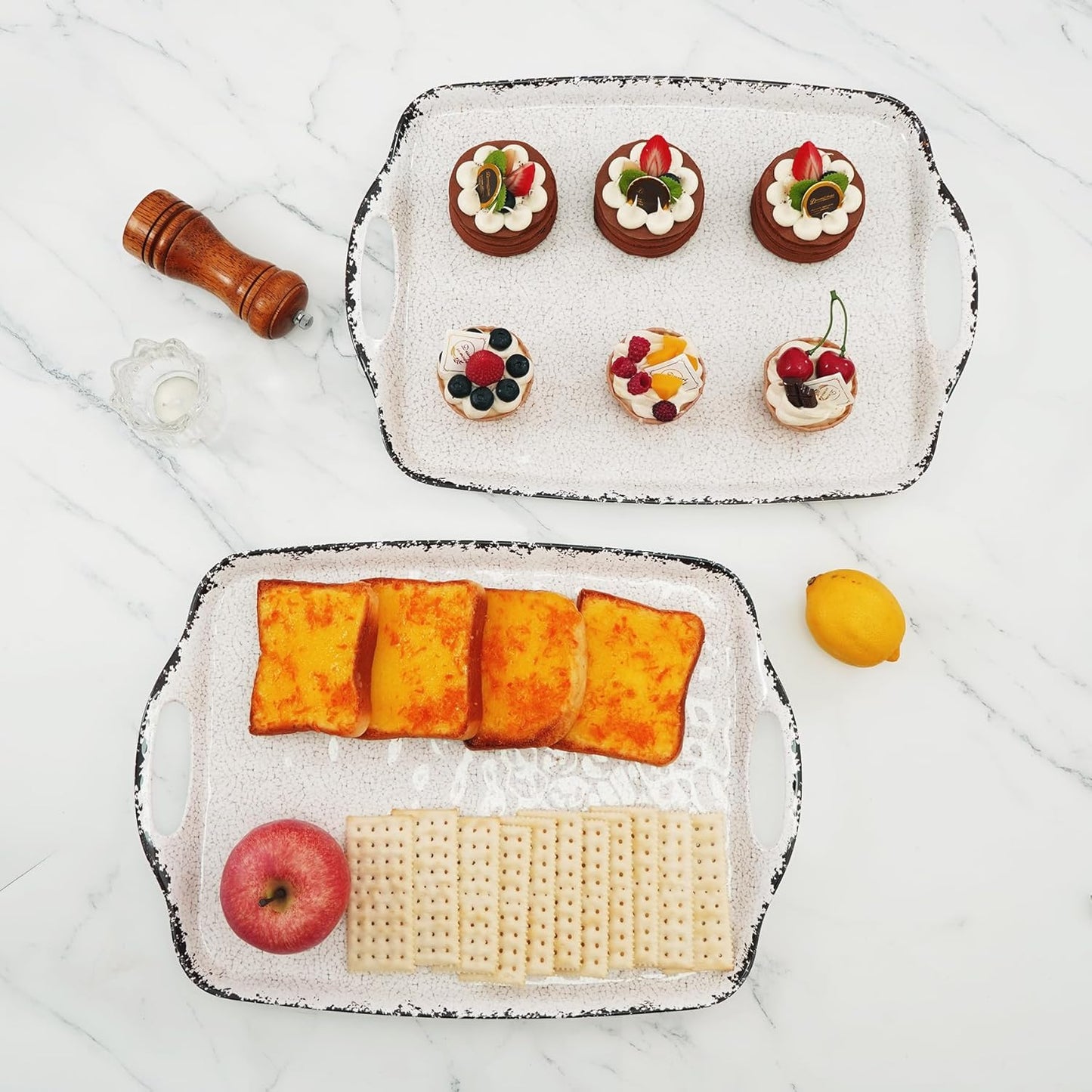 TP Serving Trays with Handles, 17 Inch Large Rectangular Melamine Serving Platter Set of 2, Rustic White