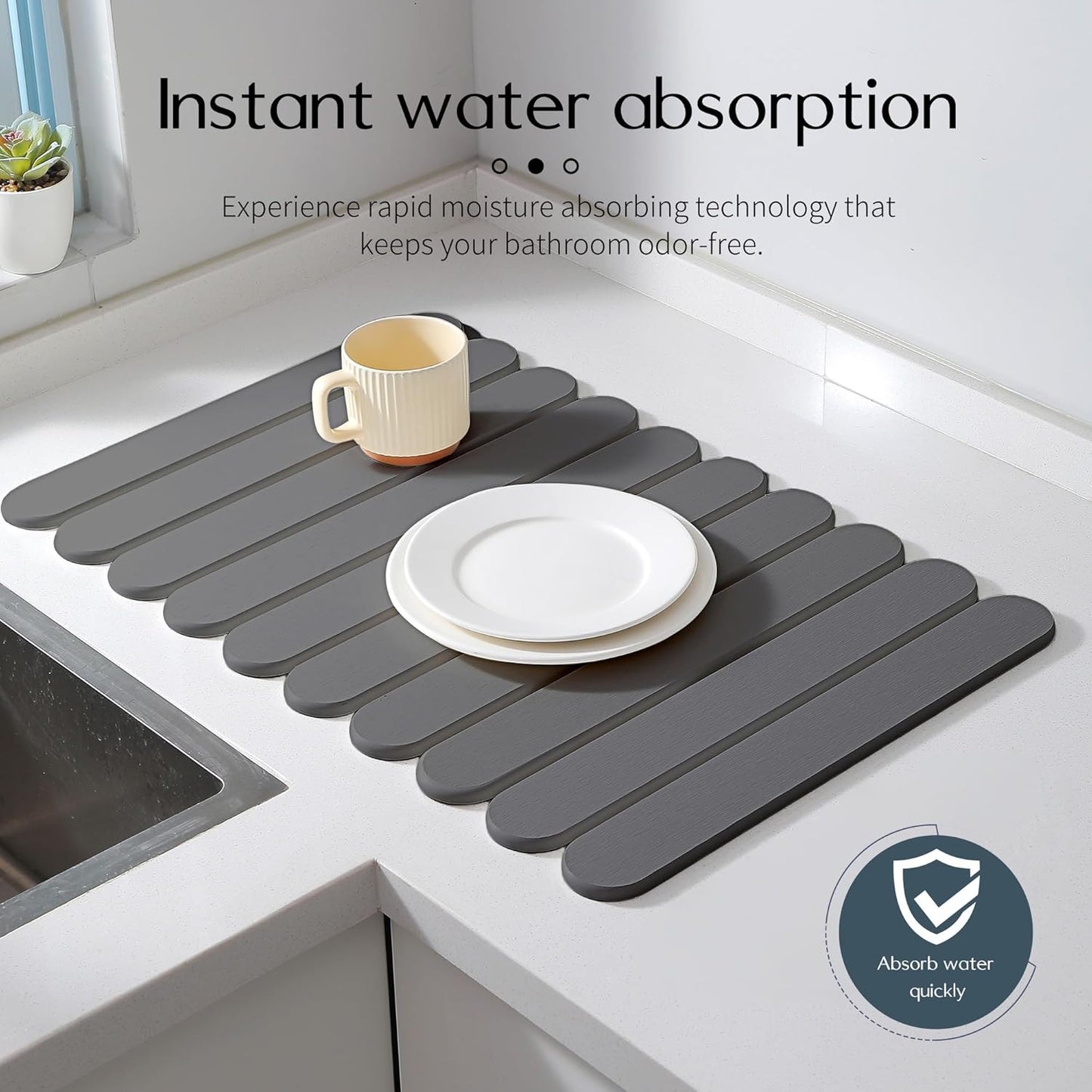 24"×16" Grey Stone Dish Drying Mats for Kitchen Counter, Large Quick Dry Collapsible Eco-Friendly Super Absorbent Diatomaceous Earth Heat-resistant Mat for Dishes Bottles Cups, Match Any Countertop