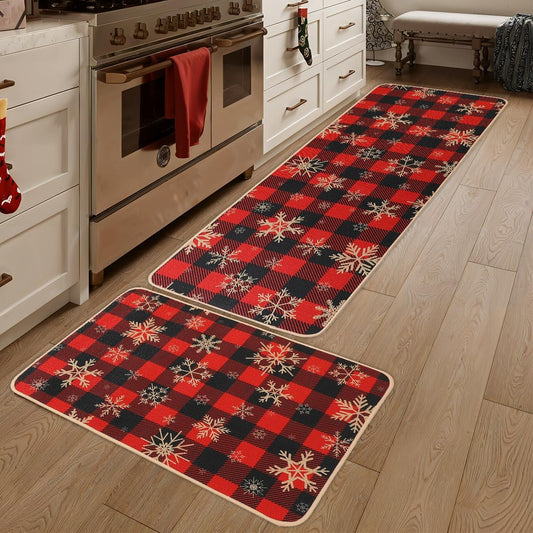 Larponder Christmas Snow Snowflake Kitchen Mats Set of 2, Non-Slip Absorbent Rug and Door Mats, Home Decor Kitchen Floor Rugs for Winter - 17x24 and 17x48 Inch