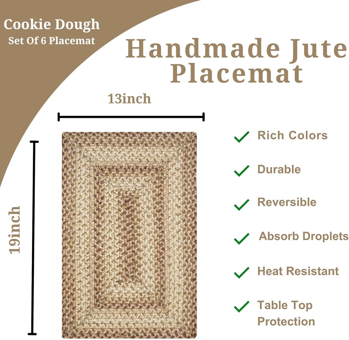 Homespice Cookie Dough Dining Placemats, Warm Country Decor, Set of 6, Brown - 13x19 Rectangle Table Mats - Vibrant Colors, Durable, Easy to Clean and Protects Furniture