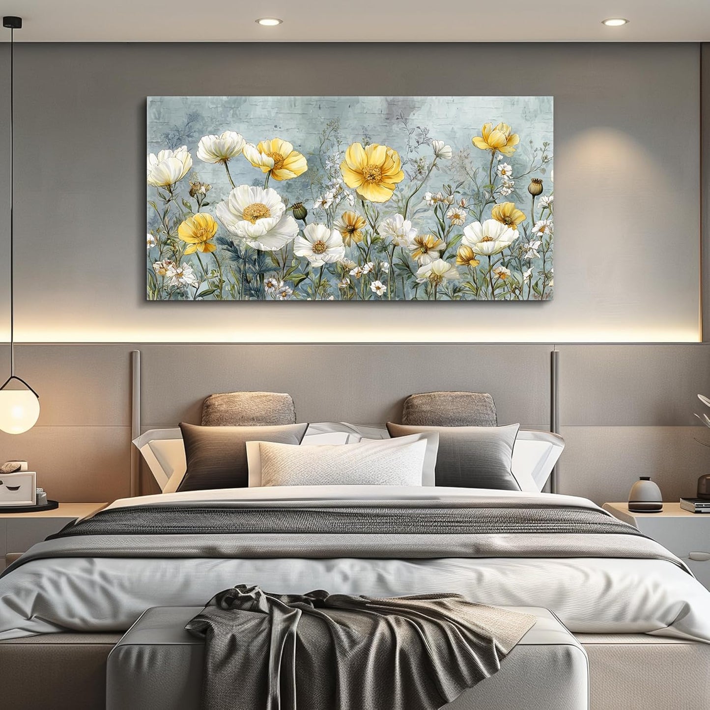 QIYILEXWART Canvas Wall Art For Living Room Wall Decor For Bedroom Office Wall Decoration Yellow White Flowers Landscape Painting Farmhouse Pictures Artwork Room Aesthetic Home Decor 20x40 In
