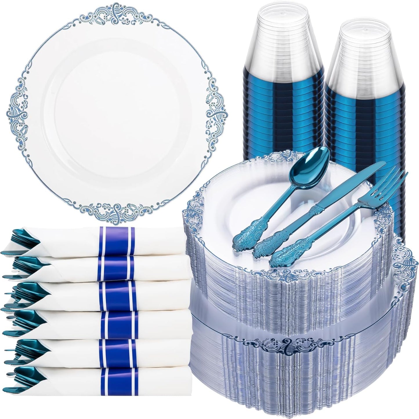 Hioasis 350pcs Clear Blue Plastic Plates - Elegant Disposable Dinnerware Set Suitable for 50 Guests Include 10.25" Dinner & 7.5" Dessert Plates, Pre Rolled Silverware Set, Cups for Party & Wedding